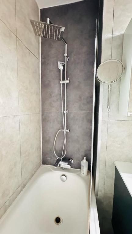 La salle de bain de l'appartement d'Évian, sa baignoire et sa douche